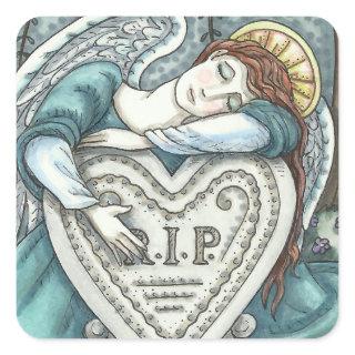 LOVING GUARDIAN ANGEL, CEMETERY MOURNING ART RIP SQUARE STICKER