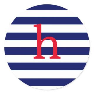 Lowercase Initial Monogram Navy Stripe Classic Round Sticker