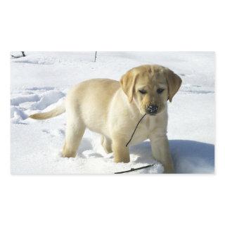 LR yellow lab puppy in snow Rectangular Sticker