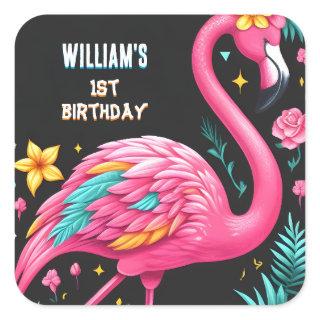 Luau Fly Pink Flamingo Pool Party 1st birthday Square Sticker