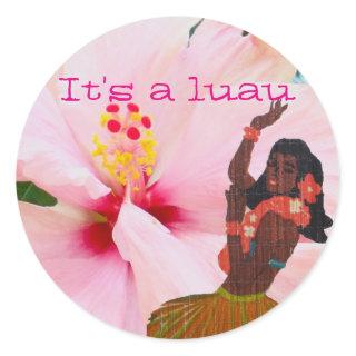 Luau Pink Hibiscus and Grass Skirt Hula Girl Classic Round Sticker