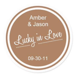 Lucky in Love Mocha Brown Wedding Classic Round Sticker
