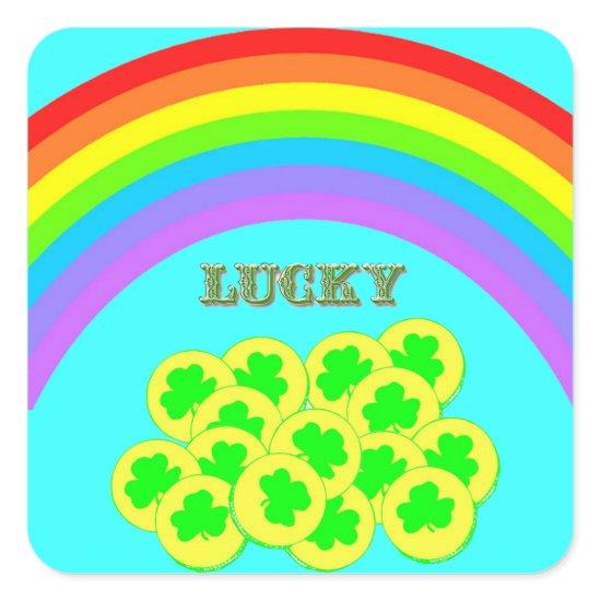 Lucky with Rainbows, Gold and Shamrocks Square Sticker