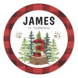 Lumberjack 3rd Birthday Buffalo Plaid  Classic Round Sticker