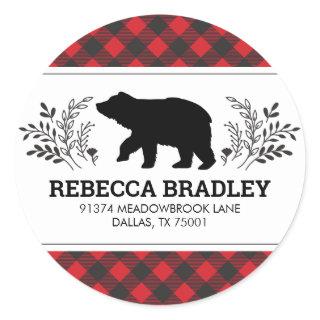 Lumberjack Bear Buffalo Plaid Return Address Classic Round Sticker