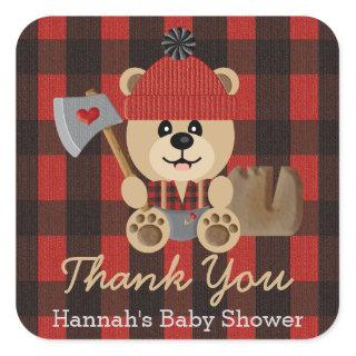 Lumberjack Bear in Diapers Baby Shower Thank You Square Sticker