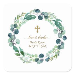 Lush Eucalyptus Greenery Wreath Gold Cross Baptism Square Sticker