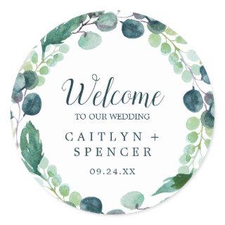 Lush Greenery and Eucalyptus Wedding Welcome Classic Round Sticker