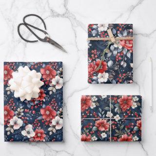 Lush Red and White Floral Pattern on Deep Navy  Sheets