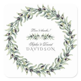 Lush Watercolour Olive Branches Wreath Wedding Square Sticker