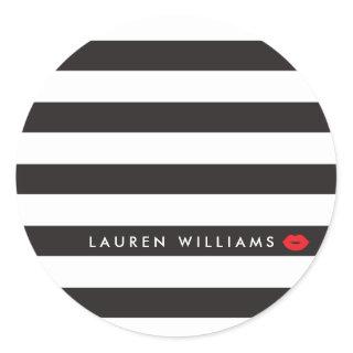 Luxe Black/White Stripes Red Lips Makeup Artist Classic Round Sticker