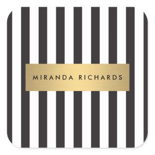 Luxe Bold Black and White Stripes with Gold Bar Square Sticker