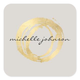 Luxe Faux Gold Painted Circle Designer Logo on Tan Square Sticker