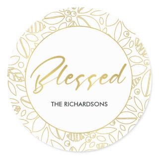 LUXE GOLD WHITE HOLLY BERRIES CHRISTMAS BLESSED CLASSIC ROUND STICKER