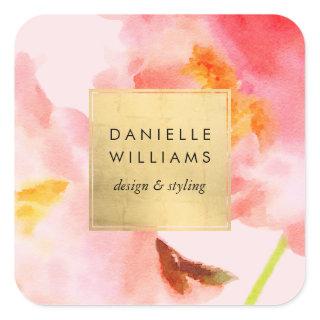 Luxe Watercolor Pink Florals with Faux Gold Frame Square Sticker