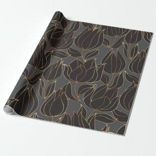 Luxury black and gold tulip floral seamless patter