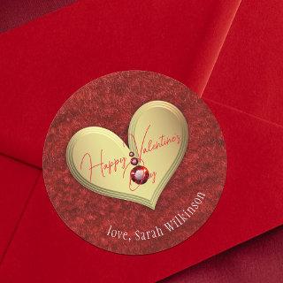 Luxury Golden Heart with Red Gems Valentine's Day Classic Round Sticker