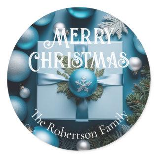 Luxury Soft Light Blue & Silver Christmas Gifts  Classic Round Sticker