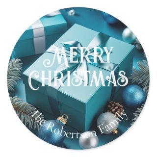 Luxury Turquoise Blue Green Silver Christmas Gifts Classic Round Sticker