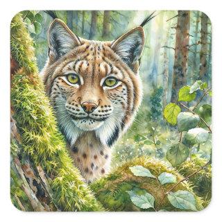 Lynx in Lush Green Forest Square Sticker