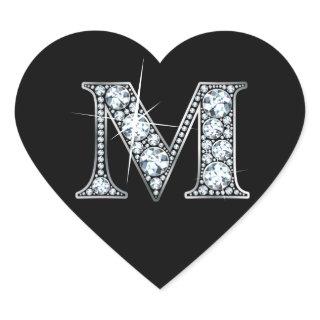"M" Diamond Bling on Black Heart Sticker