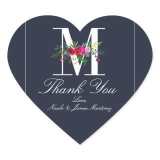 M Monogram Last Initial Modern Blue Floral Wedding Heart Sticker