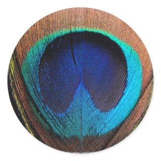 Macro Peacock Feather Rich Blues Photographic Classic Round Sticker