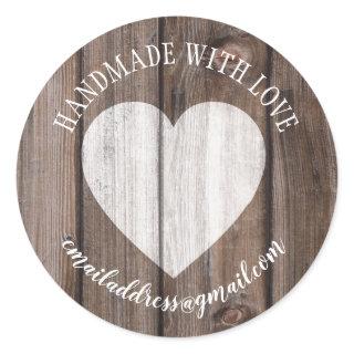 Made with love company name wood heart classic round sticker