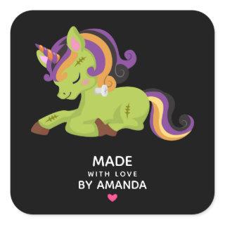 Made with Love Cute Frankenstein Unicorn Halloween Square Sticker