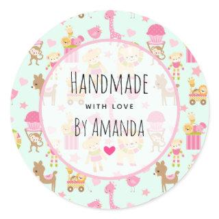 Made with Love Cute Pattern with Happy Animals Classic Round Sticker