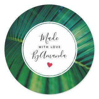 Made with Love Green Tropical Leaf Photo Classic Round Sticker