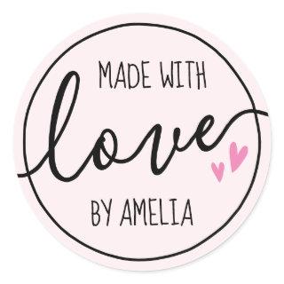 Made with love hearts custom name pale pink classic round sticker