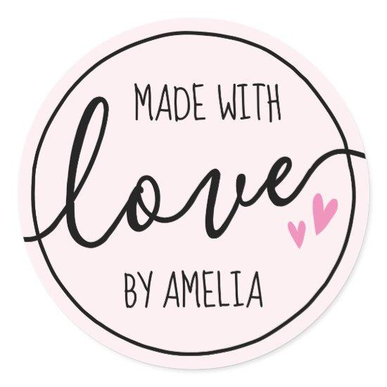 Made with love hearts custom name pale pink classic round sticker