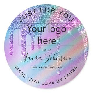 made with love holograph drips add your logo classic round sticker