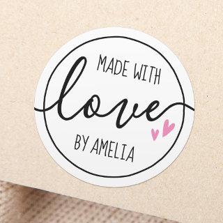 Made with love pink hearts custom name classic round sticker