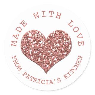 Made With Love Rose Gold Glitter Heart  Homemade Classic Round Sticker