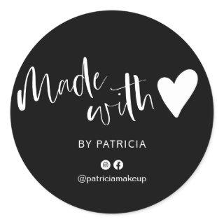 Made with love script minimalist black white classic round sticker