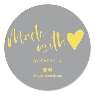 Made with love script minimalist gray yellow classic round sticker
