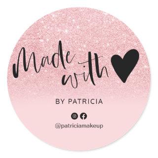 Made with love script pink glitter sparkles classic round sticker