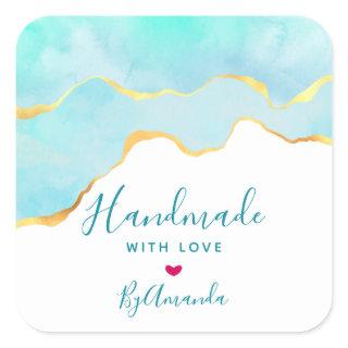 Made with Love Tropical Green & Gold Wavy Border Square Sticker