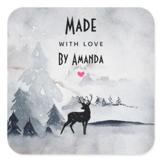 Made with Love  Winter Reindeer Rustic Watercolor Square Sticker