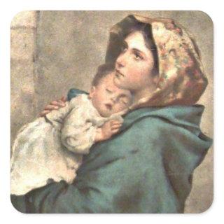 Madonna in Scarf Holds Baby Jesus Square Sticker