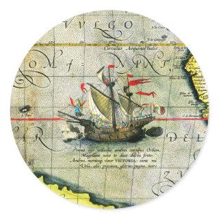 Magellans ship Victoria, Antique Map Pacific Ocean Classic Round Sticker