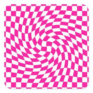 Magenta Pink & White Warped Chic Checkered Pattern Square Sticker