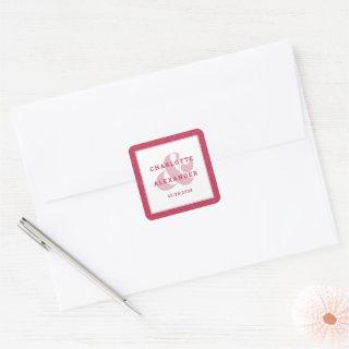 Magenta Red Modern Wedding Trendy Bride & Groom Square Sticker