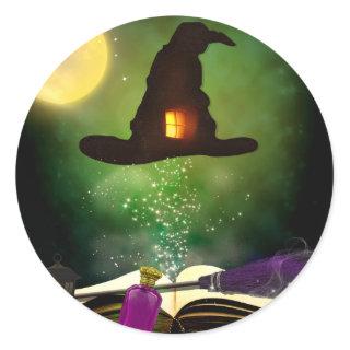 Magic Hat & Magical Spell Book Whimsical Fun Party Classic Round Sticker