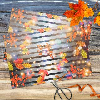 Magical Autumn Leaves On Silver And Black Stripes Tissue Paper