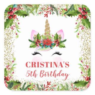 Magical Christmas Holly Berries Unicorn Birthday Square Sticker