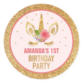 Magical Gold Glitter Unicorn Face Birthday Party Classic Round Sticker