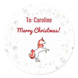 Magical Modern Unicorn Snowflakes Name Script Xmas Classic Round Sticker